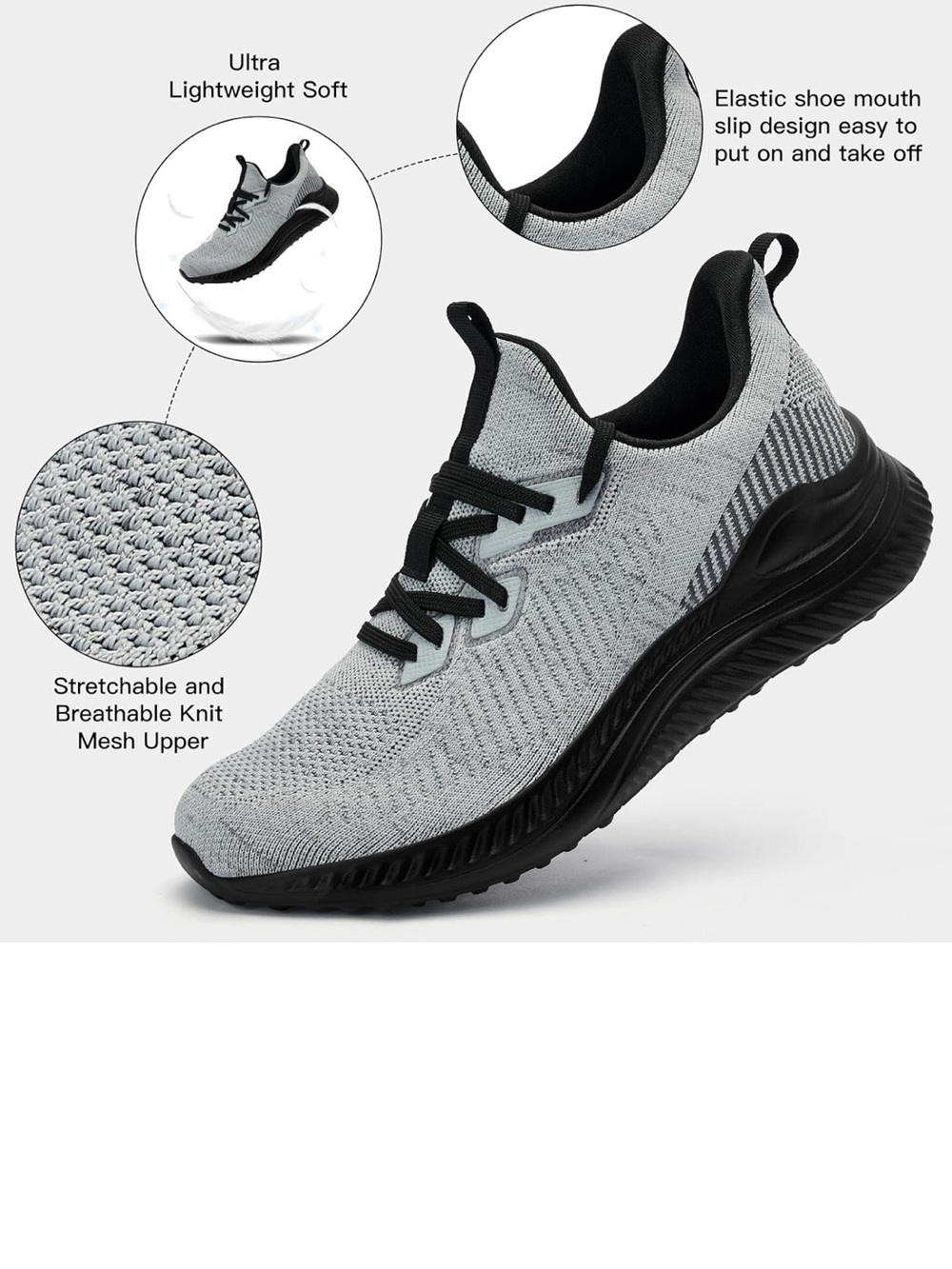 AKK Slip on shoes for Men Lightweight Knit Runner - Gray/Black. 41 EUR US 8-8.5 - Picture 3 of 7
